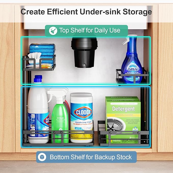 iSPECLE Under Kitchen Sink Organizer - 2 Pack Height Adjustable Pull Out Cabinet Organizer Fit Around Plumbing & Disposal, Heavy-Duty Undersink Storage Sliding Get Item for 30" - 36" Wide Sink Cabinet