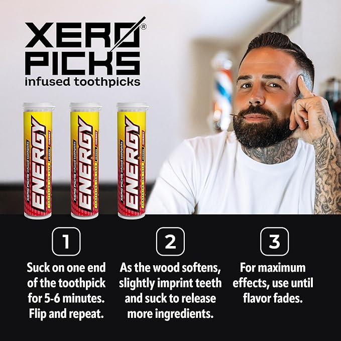 Xero Picks Energy Caffeine Flavored Toothpicks B12 for Focus & B6, 60 Picks (Pack of 3) (Cherry) Sugar-Free Alternative to Energy Mints & Gum - Kosher