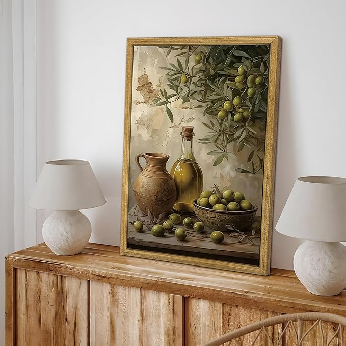 Wood Framed Olive Kitchen Wall Art, Vintage Rustic Still Life Canvas Print, Green Olives Poster Print Picture, Fruit Wall Decor Painting for Dining Room Cafe Restaurant Farmhouse Home Decor 16x24 inch