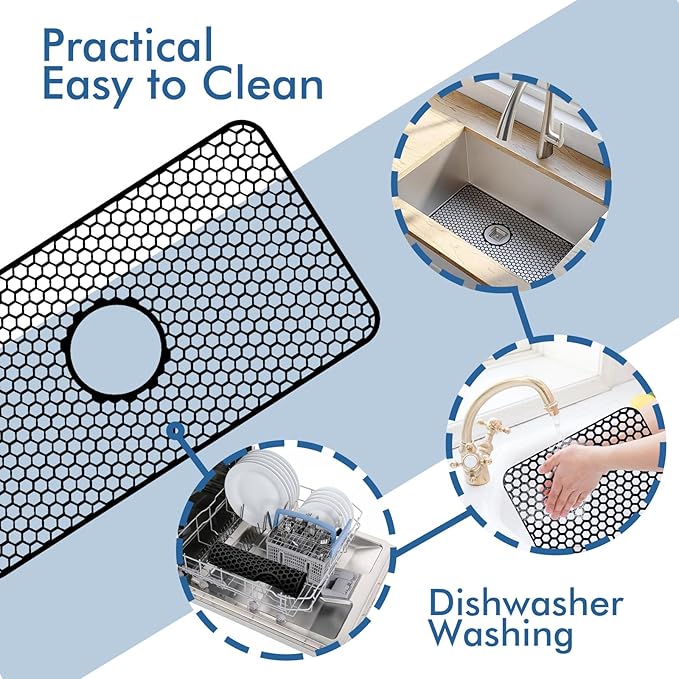Silicone Sink Mat - 24.8''x13'' Sink Protector for Kitchen Sink with Center Drain - Kitchen Grid Accessory, Non-slip Heat Resistant Mat for Bottom of Farmhouse Stainless Steel (Center Hole)