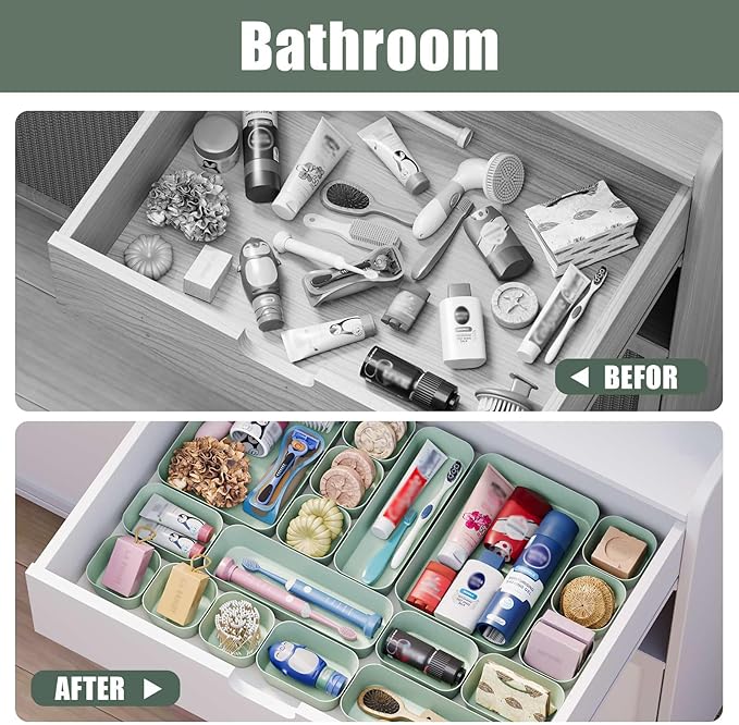 Homhut 28 pcs Desk Drawer Organizer Tray, Multiple Sizes Plastic Drawer Organizer Storage, Stackable Organizer Containers For Makeup, Bedroom, Kitchen Gadgets Utensils and Office