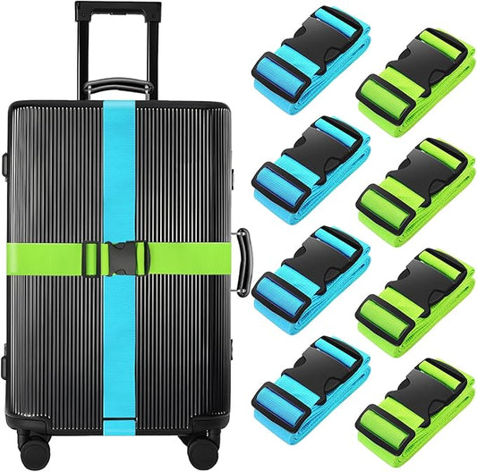 BILIONE 8 Pcs Luggage Straps, 79" Long Belts Keep Suitcase Secure While Traveling, TSA Approved Add a Bag Premium Accessory for Travel Bag Closure (4Pcs Blue + 4Pcs Green)