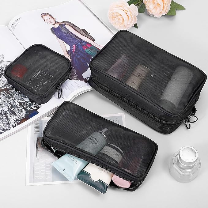 5 Pieces Mini Zipper Nylon Mesh Pouch, Mesh Cosmetic Bags Makeup Bags, Multipurpose Travel Toiletry Bags for Office Supplies and Travel Accessories (Pink, Assorted Sizes)