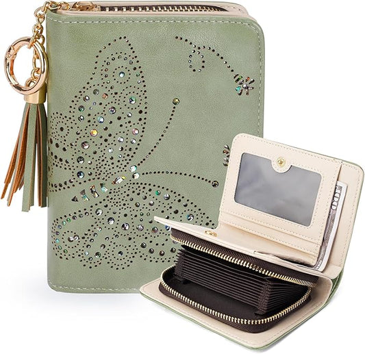 Women RFID Blocking Small Bifold Wallet, Compact Cash Clutch with Zipper Coin Pocket, Glittery Butterfly Design, Credit Card Holder, Travel Purse with Tassel GREEN