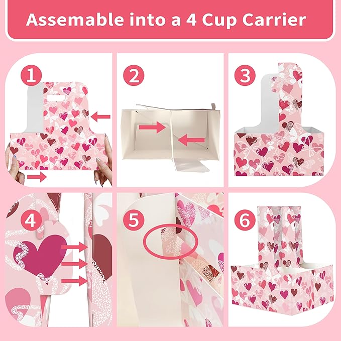8 Set Drink Carrier,Cardboard Cup Holder with Love, Coffee Cup Holder with Handle,Coffee Carrier with Greeting Card and Ribbon for Valentine's Day Gifts Party Gift,Pink
