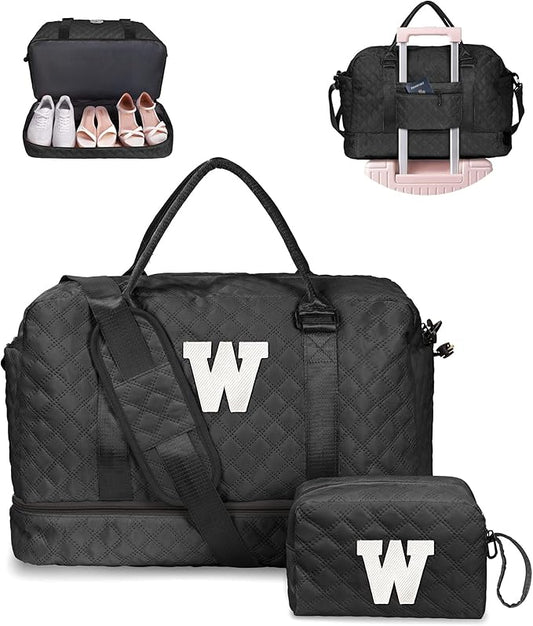 Initial Duffle Travel Bag, Personalized Weekender Bag with Shoulder Strap, Monogram Overnight Bag for Women Wet Pocket, Letter Travel Bag with Makeup Bag Gifts for Friends Female (Letter W)