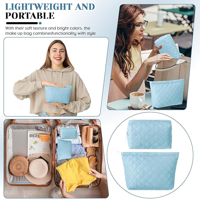 2 Pcs Pencil Case Quilted Makeup Bag Aesthetic Cosmetic Pouch for Women Puffer Travel Toiletry Bag Set Cotton Small Purse Pouch Makeup Organizer with Zipper(Blue)