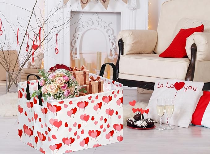 MAIZMZ Empty Gift Basket for Girls, Heart Print Storage Cube for Women, Closet Shelf Waterproof Organizer Bins with Handles, Waterproof Nursery Hamper, Kids Toys Books Box Room Decor