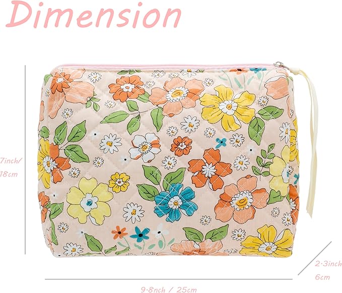 PAZIMIIK Quilted Makeup Bag Large Travel Zipper Soft Cosmetic Pouch for Women Girls Makeup, Floral Orange