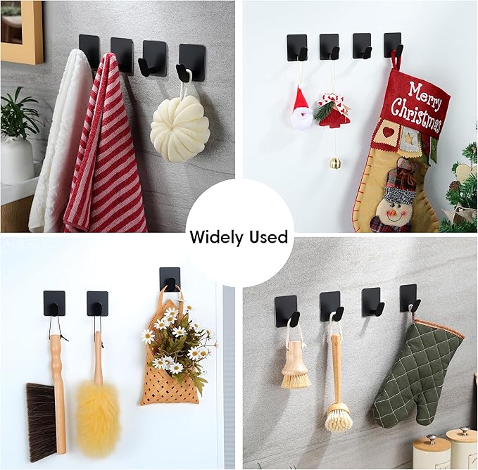 YIGII Adhesive Hooks, 4 Pack Black Towel Hooks for Bathroom and Kitchen, Waterproof Stainless Steel Wall Hook for Hanging Coat, Hat, Loofah