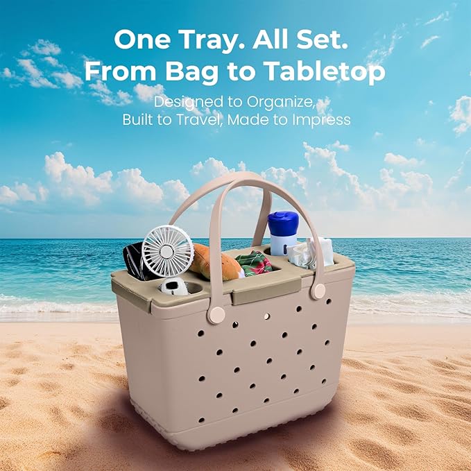 Tote Topper Tray Accessories for Bogg Bag Large Only – Waterproof EVA Table Top Organizer Lid with Cup Holder, Snack, Phone & Drink Holders for Beach, Pool, Picnic, Travel (Khaki)