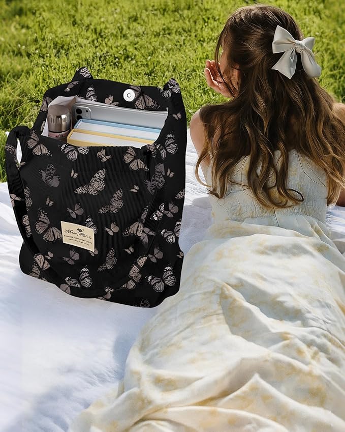 Miss Adola Corduroy Tote Bag for Women - Reusable Totes with Pocket & Buckle Cute Aesthetic Shoulder Bag for Work Travel