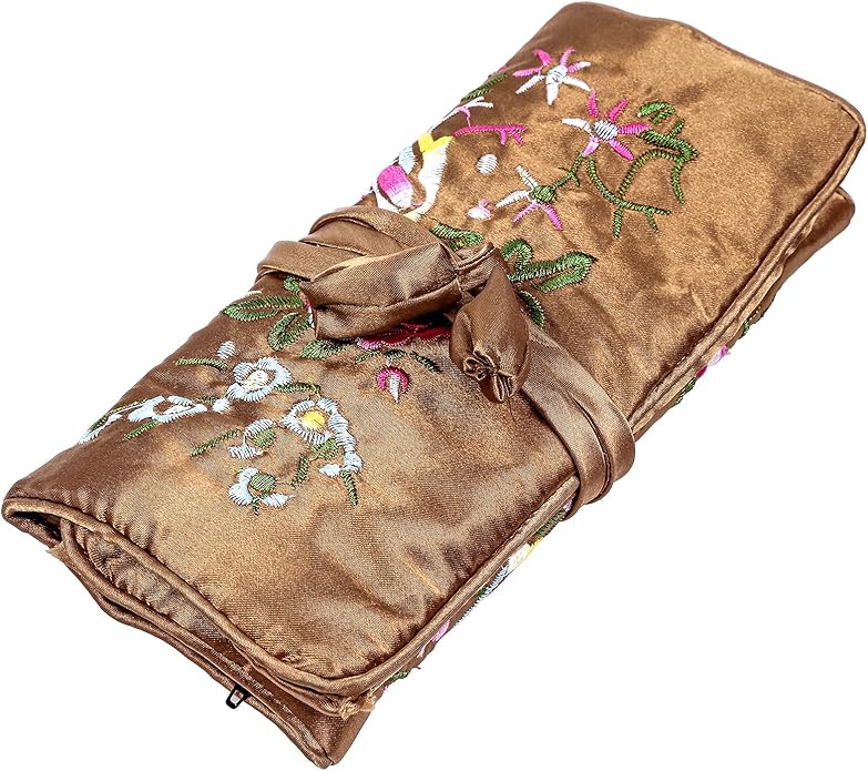 TUMBEELLUWA Embroidery Travel Jewelry Bag Roll Embroidered Flower and Bird Brocade Organizer with Tie Close