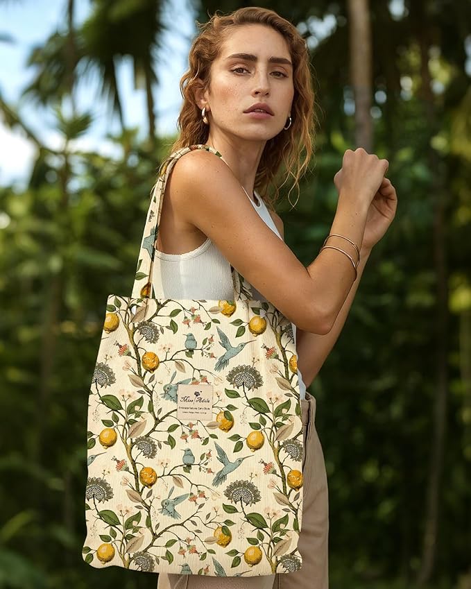 Miss Adola Corduroy Tote Bag for Women - Reusable Totes with Pocket & Buckle Cute Aesthetic Shoulder Bag for Work Travel