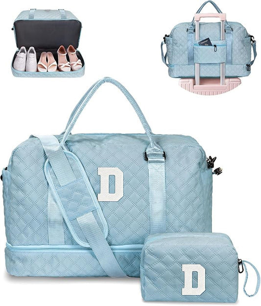 Overnight Bags for Women, Personalized Weekender Bag, Monogram Travel Bag for Women with Trolley Sleeve & Wet Pocket, Letter Travel Bag with Makeup Bag, Gift for Her(Letter D)
