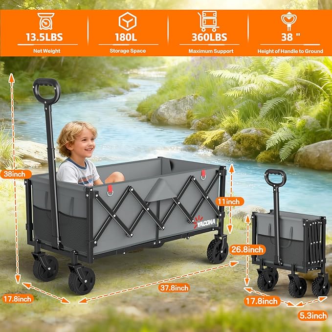 35" L Extra Long Foldable Wagons Carts, 360LBS Heavy Duty Collapsible Wagon with Wheels, Folding Wagon Portable Utility Cart for Groceries, Shopping, Camping, Sports