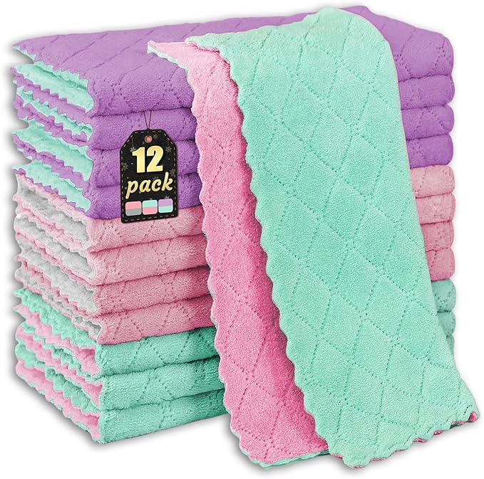12-Pack Kitchen Cloth, Dish Towels, Microfiber Cleaning Cloths, Premium Coral Fleece Reuseable Fast Drying Cloths for Kitchen, Bathroom, Restroom and Household Cleaning Supplies, 10"×10"