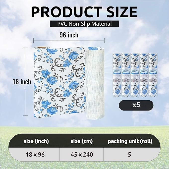 FIFTY FEET 18X96 Inch Shelf Liner for Kitchen Cabinets, PVC Drawer Liner for Dresser Non-Slip Bathroom, Non-Adhesive Cabinet Liner Washable (Blue Floral)(5 Roll)