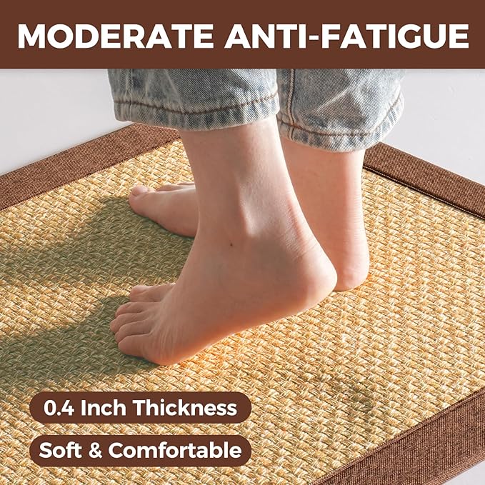 YDKGL Anti Fatigue Kitchen Rugs Mat Non Slip Washable, 0.4" Thick Soft Cushioned Absorbent Kitchen Mats for Floor, Jute-Like Woven Laundry Standing Mats Sink Mat, Easy Clean Care, Brown 17"x30"