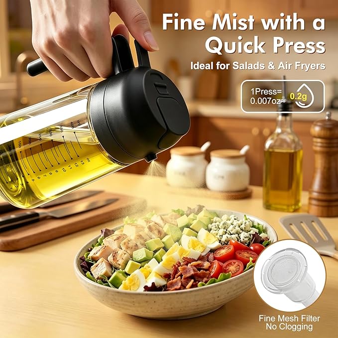 Poshetion 2 in 1 Olive Oil Sprayer for Cooking, 16oz Oil Dispenser for Kitchen, Leak-Proof Oil Spray Bottle for Air Fryer, Salad, BBQ, Baking, Grilling - Black & Green