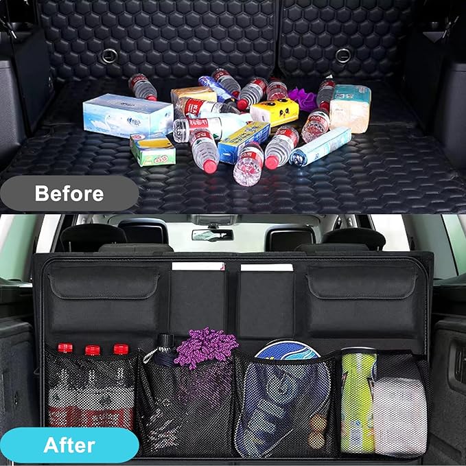 Trunk Organizer with 8 Storage Pockets, 1 Pack Rear Seat Organizer Keep SUV, MPV, TRUCK Organized & Tidy, Travel Accessories, Space Saver