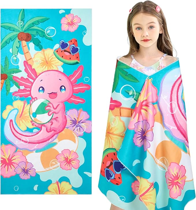 WERNNSAI Beach Towel for Kids, 30”x 60”Axolotl Quick Dry Sand Free Kids Beach Towel for Girls Personalized Beach Towel Pool Camping Travel Towel Soft Beach Blanket Bath Shower Towel