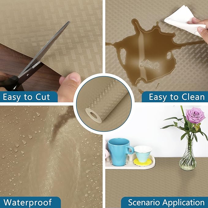 HooTown Kitchen Shelf Liner Drawer Liners, 17.5"W x 78.7"L Non-Adhesive Cabinet Cupboard Liners Refrigerator Waterproof Fridge Mat with Durable Kitchen Cabinet Mat for Drawers, Shelves, Pantry, Khaki