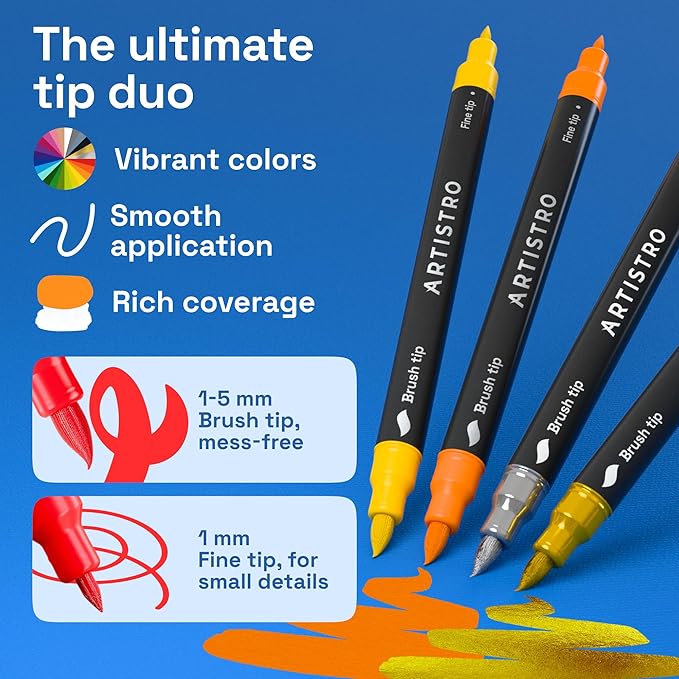 ARTISTRO 12 Acrylic Paint Markers - Paint Pens for Drawing, Brush + Fine Tips - For Fabric, Rock, Glass, Wood, DIY - Art & Craft Supplies for Adults, Teens, Kids - Teacher Appreciation Gift