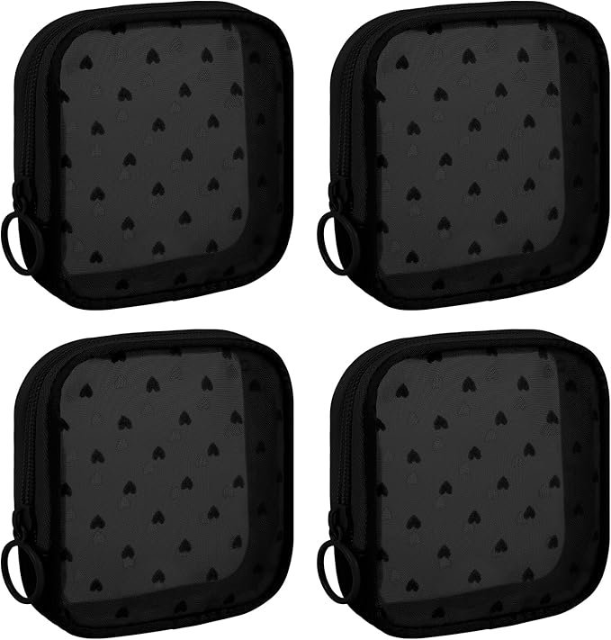 4 Pieces Mini Zipper Nylon Mesh Pouch, Mesh Cosmetic Bags Makeup Bags, Multipurpose Travel Toiletry Bags for Office Supplies and Travel Accessories (Heart Print-Black, S)