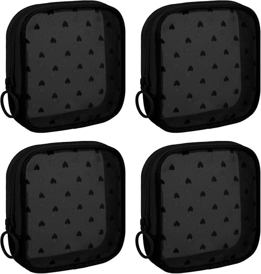 4 Pieces Mini Zipper Nylon Mesh Pouch, Mesh Cosmetic Bags Makeup Bags, Multipurpose Travel Toiletry Bags for Office Supplies and Travel Accessories (Heart Print-Black, S)