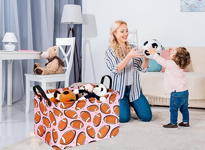 KUNRO Rugby Pink Balls Pattern Storage Basket Gift Shelf Basket Storage Bin, Nursery Basket Organizer Box for With Handles for Room Deco