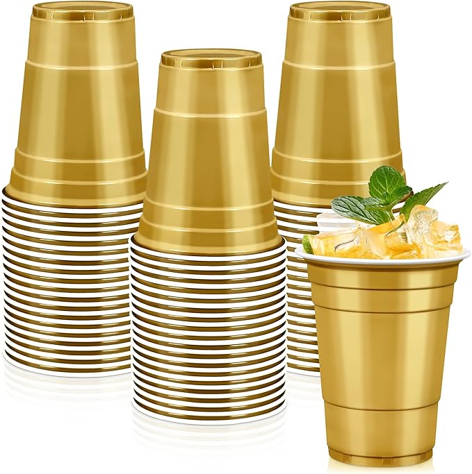 LANLISA 100 Gold Plastic Cups, 16 oz Disposable Cups, Drinking Cups For Thanksgiving, Harvest, Fall, New Year, Graduation Party Supplies