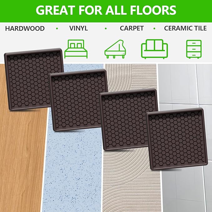 Non-Slip Furniture Pads - 3"x3" Square Anti-Skid Caster Cups Furniture Coasters, Anti-Sliding Grippers Floor Protectors for Furniture Bed, Couch, Chair Leg, Brown (Set of 8)