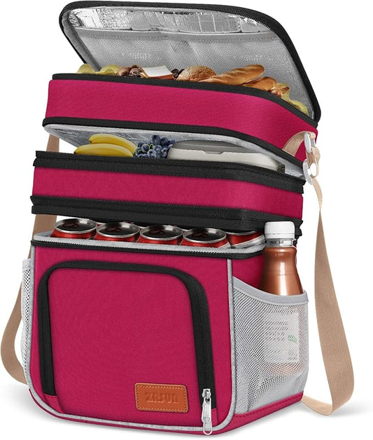 Insulated Lunch Bag for Women Men, Reusable 3 Layers Lunch Box Women, Expandable Reusable Water-resistant Lunch Box for Work Travel Office Picnic Hiking (Red)