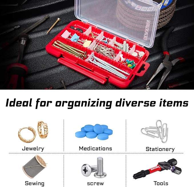 Small Flat Storage Parts Organizer, 2Pcs Red Portable Transparent Plastic Small Parts Tool Box with Removable Dividers, Screwdriver Bit Cases Storage(2 Pieces)