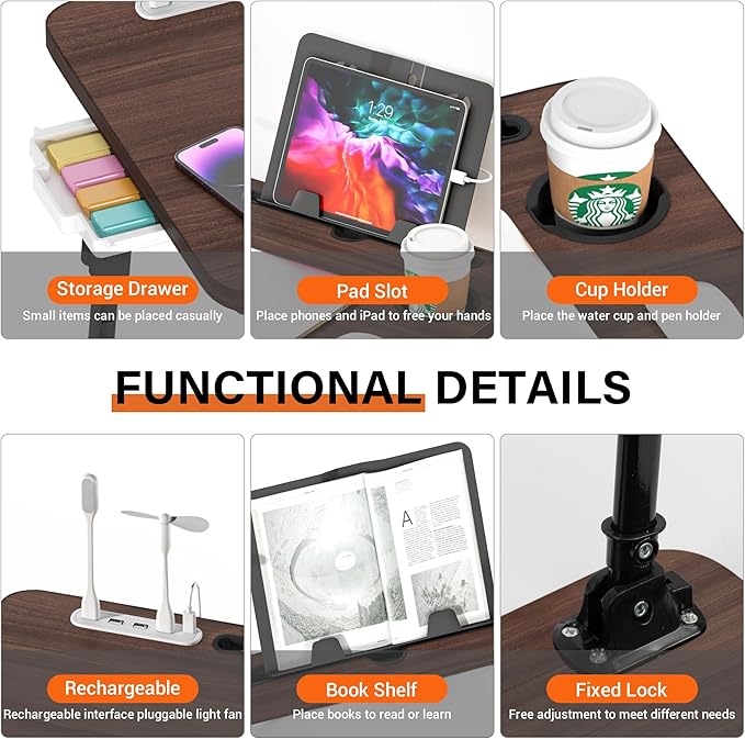Height Adjustable Laptop Desk for Bed, Lap Bed Table with USB/Storage Drawer/Cup Holder/Tablet Stand/Book Shelf, Foldable Portable Breakfast Tray for Reading, Writing, Sofa & Floor, Walnut