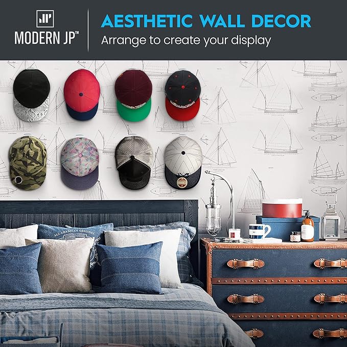 Modern JP Adhesive Hat Hooks for Wall (8-Pack) - Minimalist Hat Rack Design, No Drilling, Strong Hold Hat Hangers - USA Patented, Black