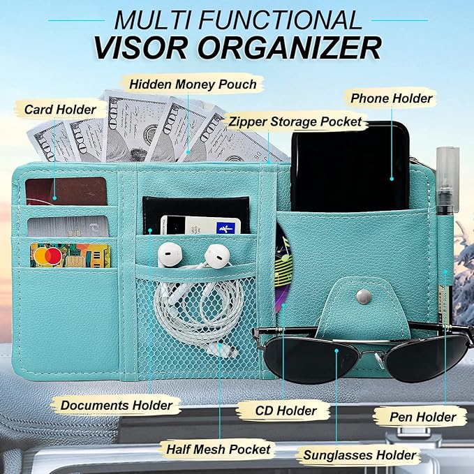 Keedolla Blue Car Sun Visor Organizer, Auto Car Sun Visor Gift Card Holder Storage Organizer Travel Document Holder with Zipper Pocket for Sedan, Trucks, SUV