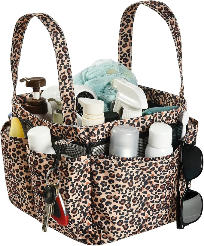 Haundry Mesh Shower Caddy Bag, Portable Basket Organizer with Key Hook for College Dorm Bathroom Camp Gym, Hanging Tote Bag with 8 Pockets, Leopard