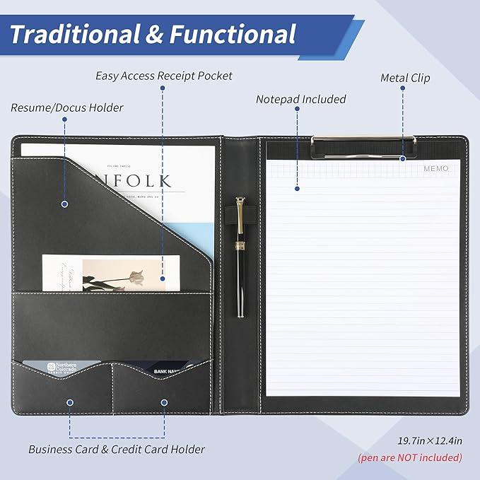 Pacific Mailer Padfolio Clipboard Folder Portfolio Organizer with Removeable Clipbaord Folio Clipboard Binder [Black]
