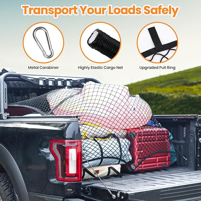 Truck Bed Net, Highly Elastic Cargo Net for Pickup Truck Bed, Stretchable Mesh Organizer for Pickup Trunk Bed, Suitable for Daily Light Loads of Trucks, 4'x4' Stretches to 7'x7'
