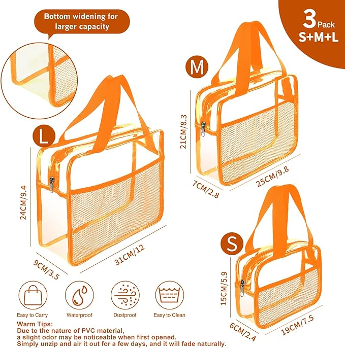 XEWEA Clear Travel Toiletry Bags, 3 Pack TSA Approved Transparent Makeup Bag for Men Women, Large Waterproof PVC Quart Organizer with Zipper for Toiletries Airline Essentials,Toy Storage Pouch Orange