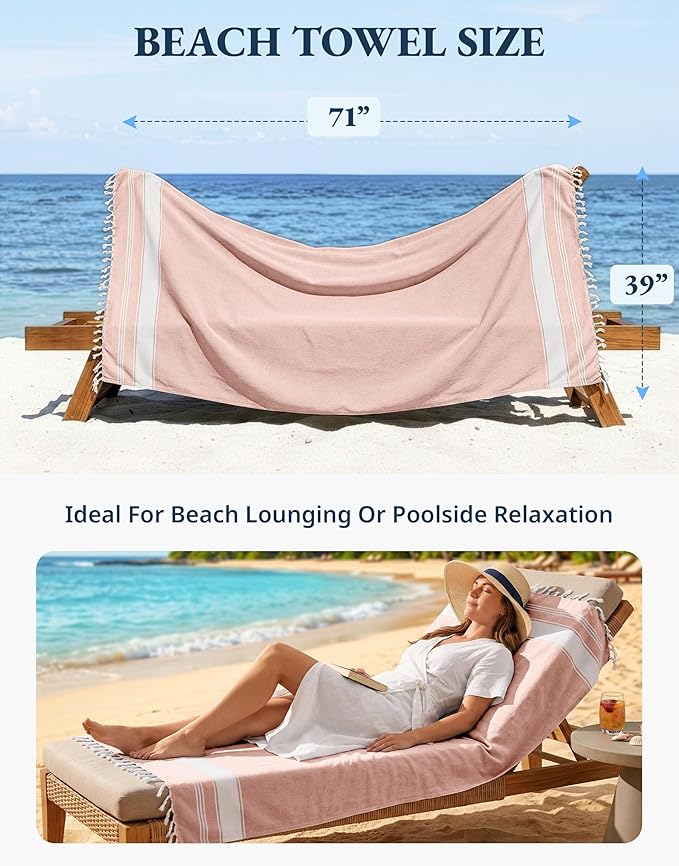 LANE LINEN Large Pool Towels, XL Beach Towel 2 Pack, Pre-Washed, No Shrink, Quick Dry Oversized Beach Towels, Stylish Beach Towel for Women, Sand Free Towel, 39"x71" - Quartz Pink