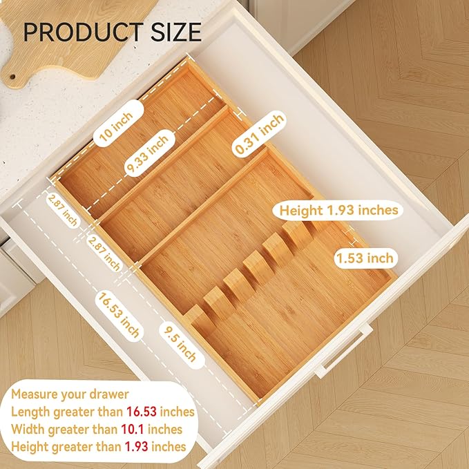 Yofidra Bamboo Silverware Organizer, 16.53 x 10.3 x 1.96 Inches Kitchen Utensil Drawer Organizer, Silverware Tray for Drawer with Fixed Slots for Spoons, Forks & Knives, Natural