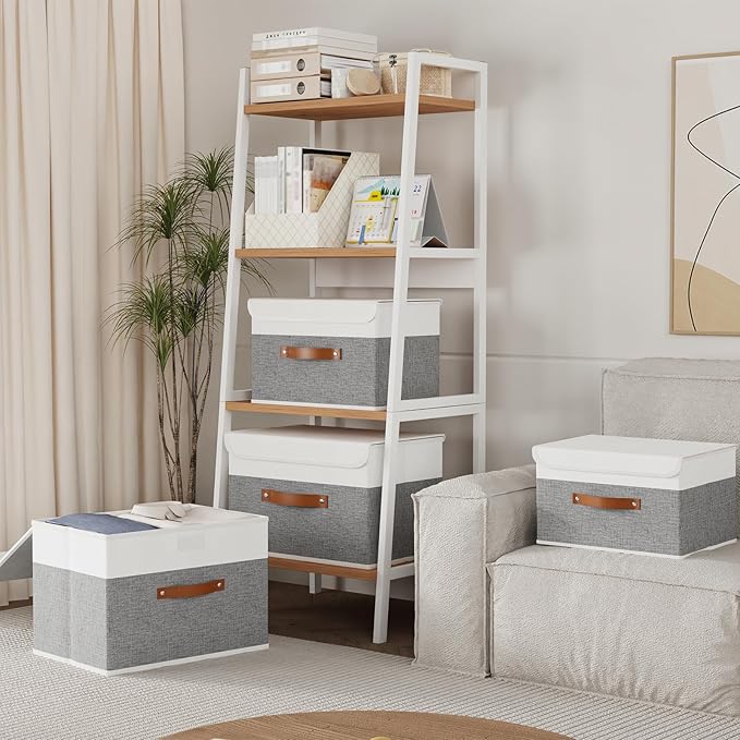 Yawinhe Storage Bins with Lids, Fabric Foldable Boxes, Washable and Leather Handle, Cube Organizer Basket for Home, Closet, White/Grey, 17.7''Lx11.8''Wx11.8''H, 3-Pack, USNK024WGX-3