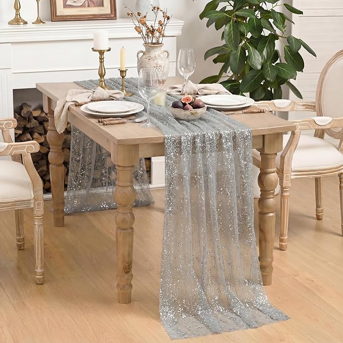 Horaldaily Grey Sliver Tablecloth 60x84 Inch Rectangular, Sliver Glitter Metallic Foil Foil, Sheer Tulle Cheesecloth for Wedding Baby Shower Ceremony Birthday