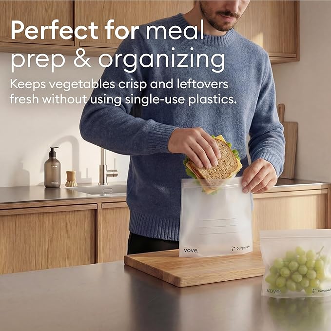 Vove Compostable Storage Bag Bundle, 140 Count Multi-Size S/M/L/XL – Freezer Safe, Resealable, Non Toxic Bags for Food, Meal Prep & Snacks, Plastic-Free Eco Bags
