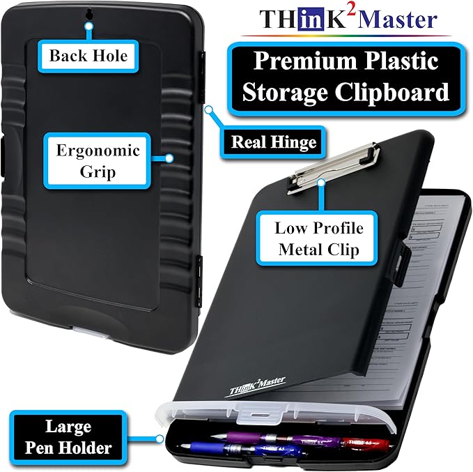 Think2Master [3 Pack] Black Plastic Storage Clipboard with Pencil Holder. | 25% Heavier & 25% Sturdier| Heavy Duty. Nursing, Teacher & Classroom Must Have.