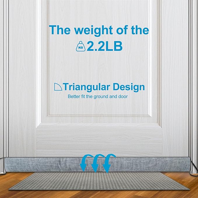 QUOLIX Triangle Under-Door Draft Stopper, 38 Inch Noise Blocker, Weighted Weather Stripping, Gray Cotton & Polyester, Multi-Function Noise & Light Blocker, Gray