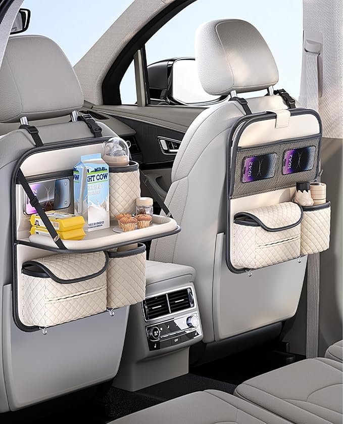 Leather Car Backseat Organizer with Foldable Table Tray - Cup/Tissue/Tablet Holder, Car Seat Back Storage Organizer, Road Trip Essentials for Adults & Kids (white)